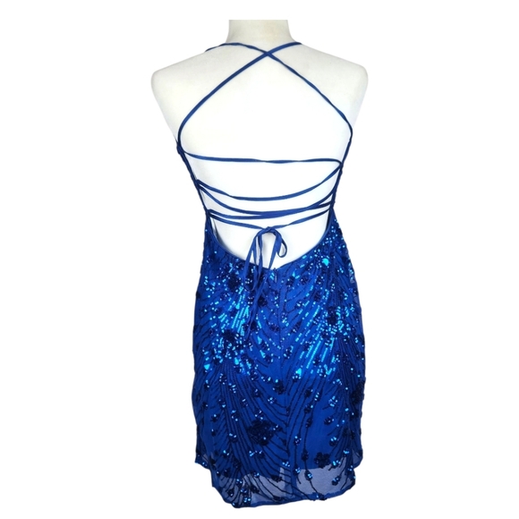 Lulu's Keep Glowing Blue Floral Sequin Mini Dress XL Cocktail Party Dance Formal - Picture 9 of 11